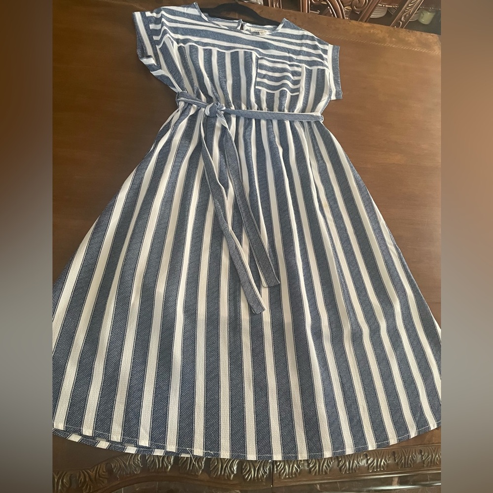 Navy and White Striped Belted Dress
